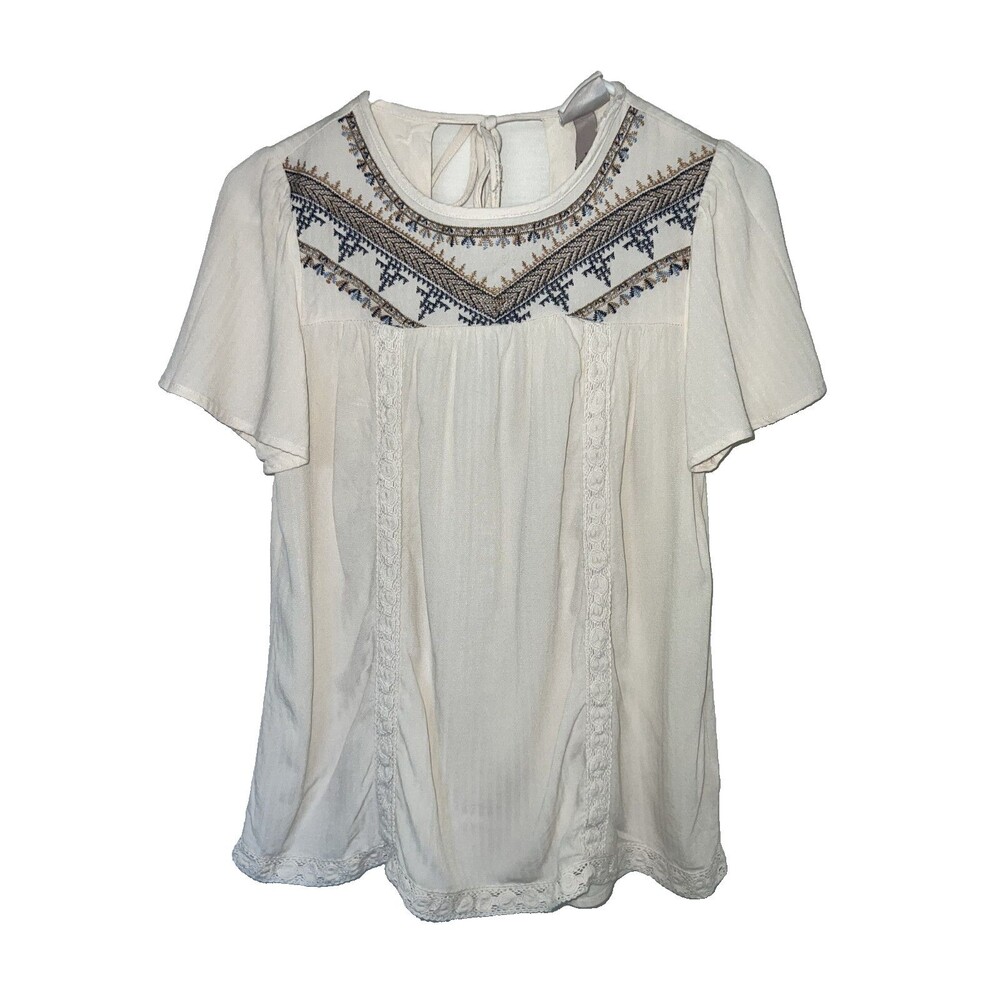 Knox Rose Women’s Floral Embroidered Short Sleeve Top Boho Peasant Blouse Small